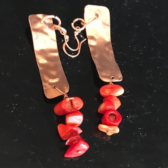 Rustic Pure Copper Earrings Red Coral Drop Dangle Handmade Artisan Beaded Gift - Picture 1 of 4